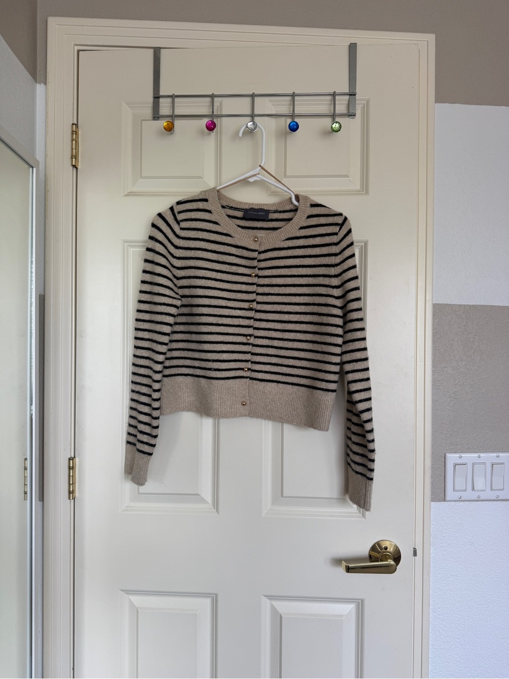 Striped Beige and Black Button-Front Cropped Cardigan - Women